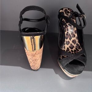 Black Suede Platform Wedge Sandals with Leopard Lining